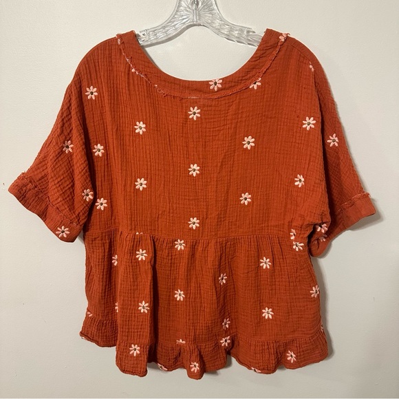 New'm V-Neck Ruffle Blouse in Rust Orange Short Sleeves Floral Daisy | Sz Large - Picture 7 of 11